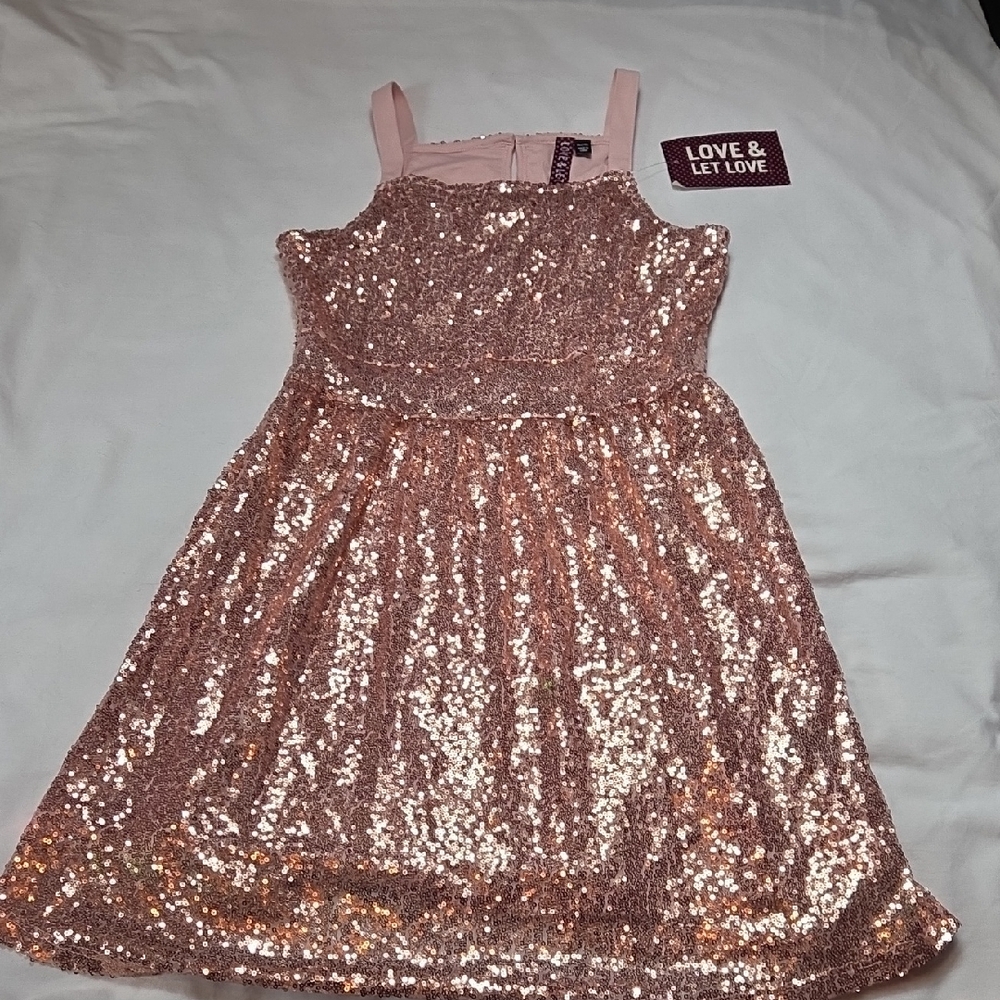 LOVE & LET LOVE New Pink Peach Sequin XL 16 Young Girls Sleeveless Dress NWT